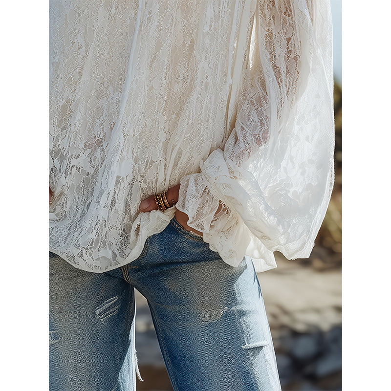 👚 50% RABATT NU!🌸 Dam Bohemisk Off-Axel Spetstopp – Genomskinlig & Flödande – Romantisk Sommarblus ✨