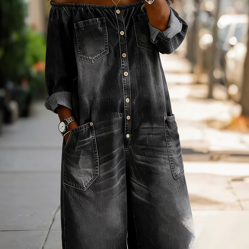 👖 50% RABATT NU!🌸 Axelbandslös denimjumpsuit med vida ben – Avslappnad stil, luftig passform och perfekt för sommar och semester