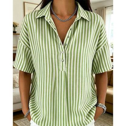 👚 50% RABATT NU!🌿 Dam Casual Randig Kortärmad Skjorta – Lös Passform & V-Ringning – Sommar Essential 🛍️