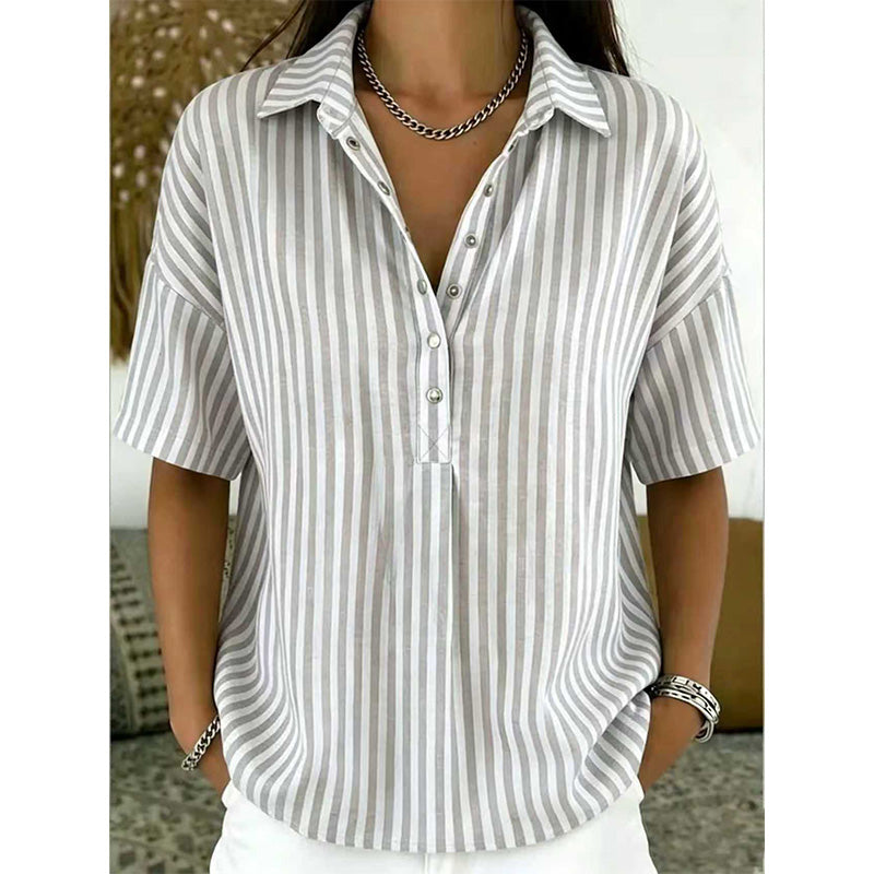 👚 50% RABATT NU!🌿 Dam Casual Randig Kortärmad Skjorta – Lös Passform & V-Ringning – Sommar Essential 🛍️