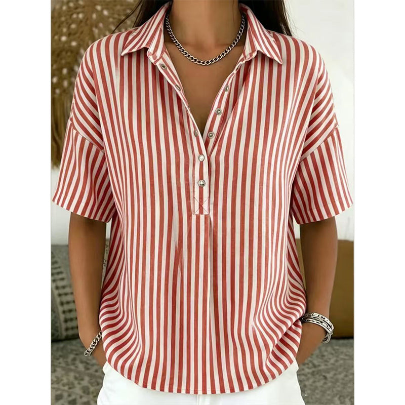 👚 50% RABATT NU!🌿 Dam Casual Randig Kortärmad Skjorta – Lös Passform & V-Ringning – Sommar Essential 🛍️