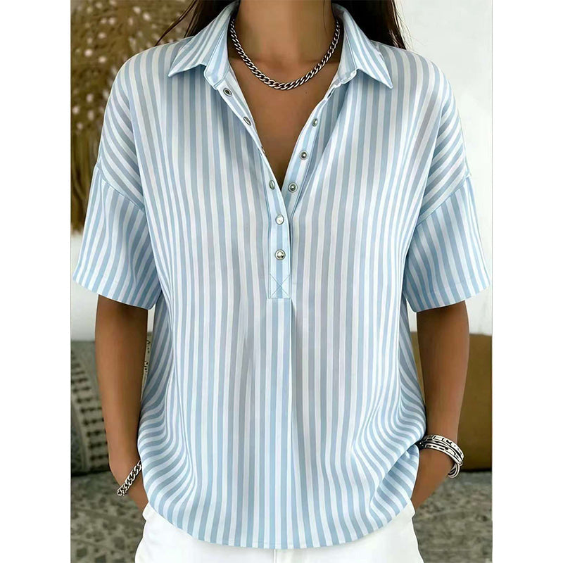 👚 50% RABATT NU!🌿 Dam Casual Randig Kortärmad Skjorta – Lös Passform & V-Ringning – Sommar Essential 🛍️