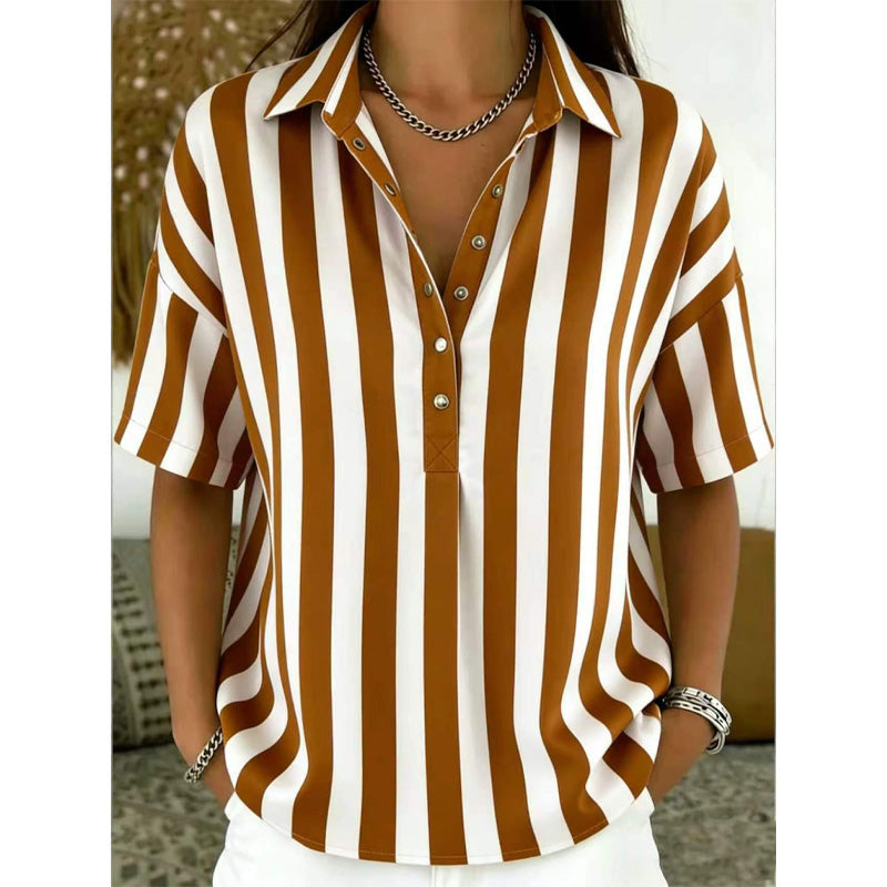 👚 50% RABATT NU!🌿 Dam Casual Randig Kortärmad Skjorta – Lös Passform & V-Ringning – Sommar Essential 🛍️