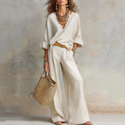 🍁2026 New Arrival👚👖 Chic Women’s V-Neck Top & Wide-Leg Pants Set – One Outfit, Zero Styling Stress