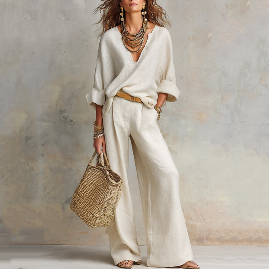 🍁2026 New Arrival👚👖 Chic Women’s V-Neck Top & Wide-Leg Pants Set – One Outfit, Zero Styling Stress