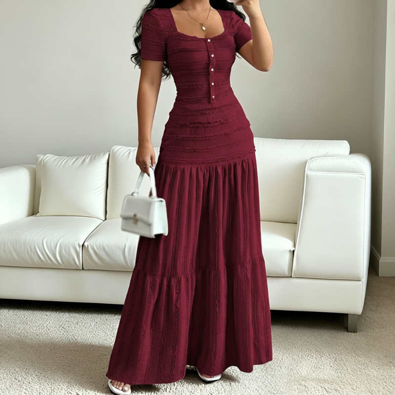 👗 BEGRÄNSAD TID – 50% RABATT! ✨ Damklänning med fyrkantig urringning – Skrynklat tyg, lagerdelad kjol & elegant 🍷