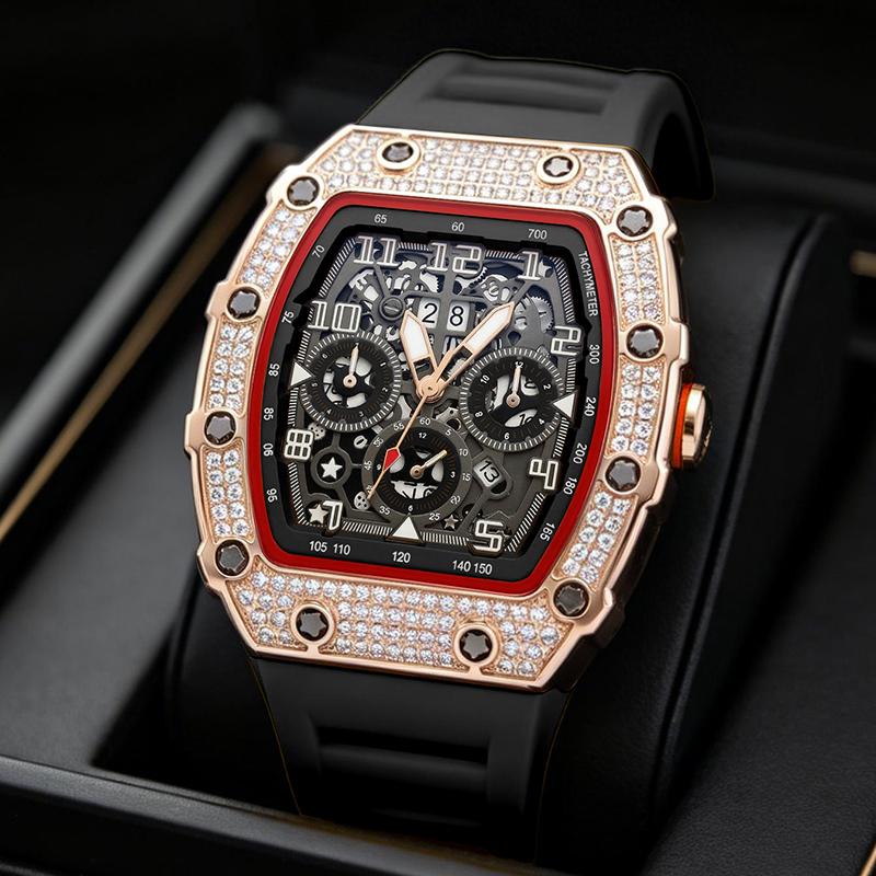 ⏳Begränsad tid 50 % Rabatt⏰Lyxbetonad herrklocka tunnformad modell strass diamanter⌚