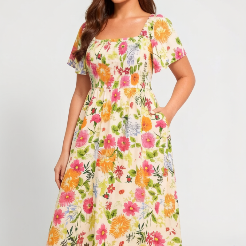 🔥Sista dagen: 50 % rabatt!⏰🌸👗 Blommig klänning med volanger, fyrkantig halsringning och fickor🏖️