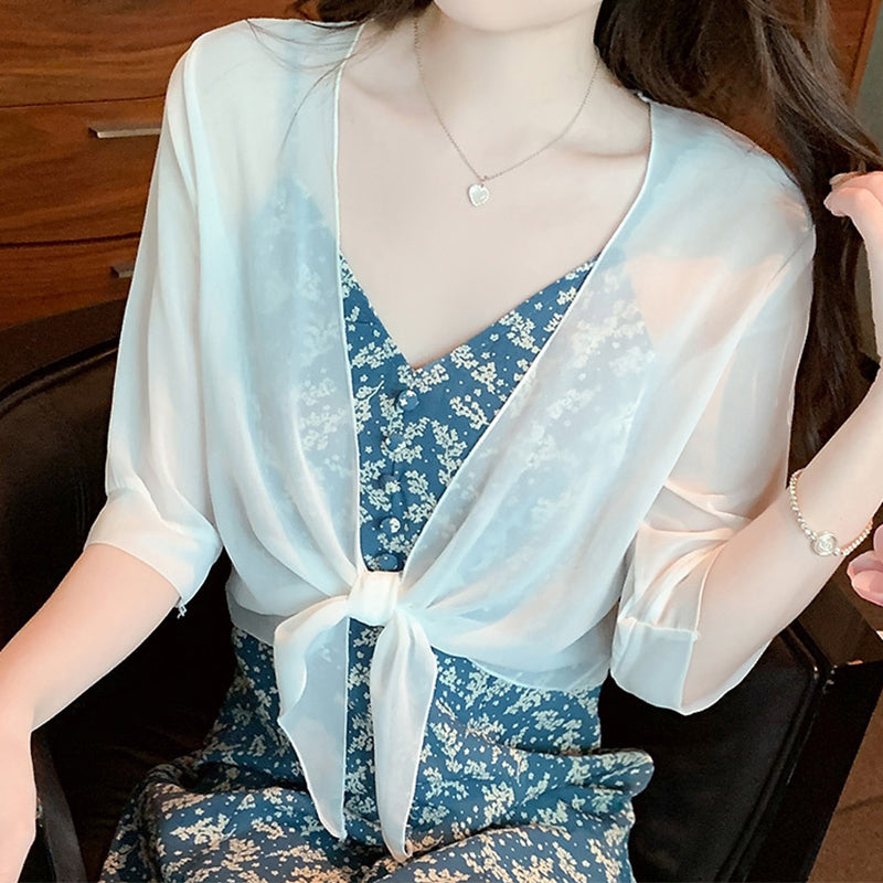 💖 Köp 1 få 1 gratis!🌿 Dam Chiffong Topp med Knytning – Genomskinlig, Croppad & Elegant – Sommar Lager Essential 👒