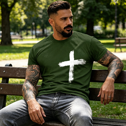 ✝️ BEGRÄNSAD TID: 50 % RABATT! ✨ Herr-T-shirt med tro-motiv – Slitet kors, bekväm passform, hög kvalitet 🧡