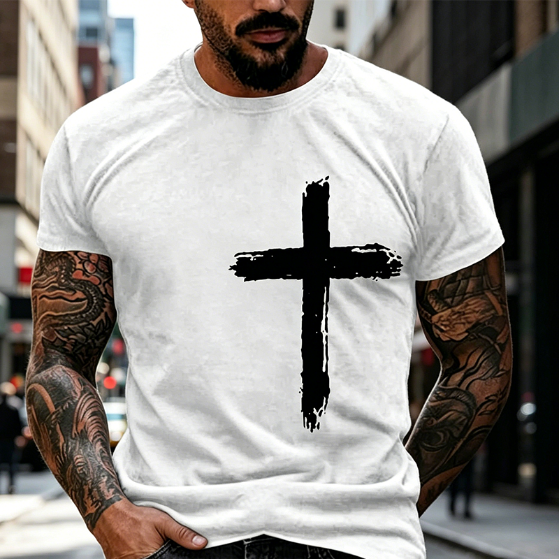 ✝️ BEGRÄNSAD TID: 50 % RABATT! ✨ Herr-T-shirt med tro-motiv – Slitet kors, bekväm passform, hög kvalitet 🧡