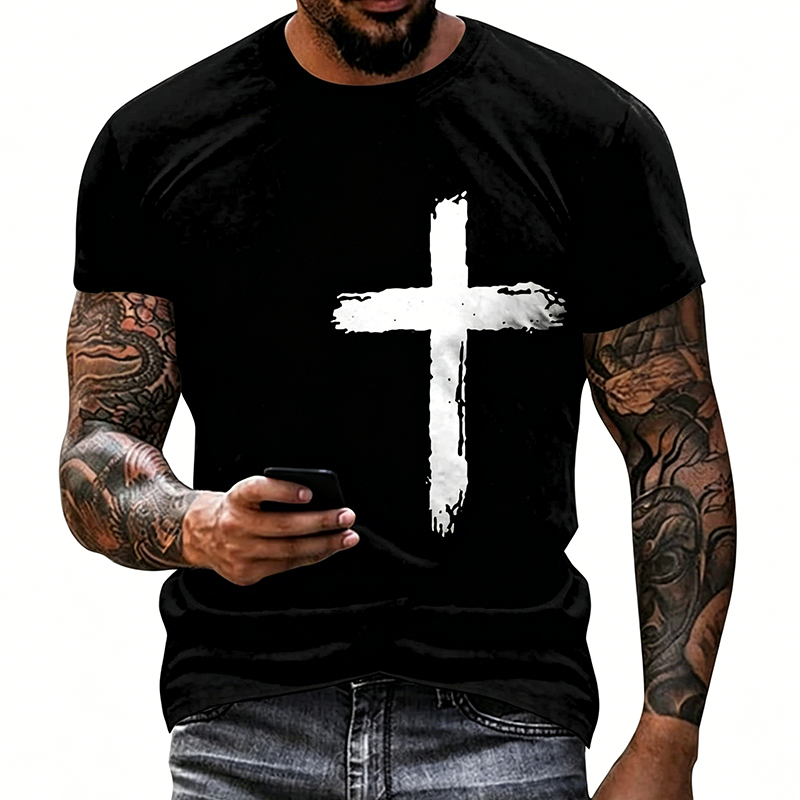 ✝️ BEGRÄNSAD TID: 50 % RABATT! ✨ Herr-T-shirt med tro-motiv – Slitet kors, bekväm passform, hög kvalitet 🧡