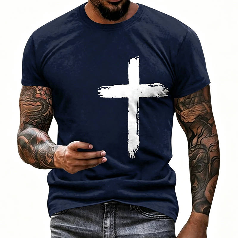 ✝️ BEGRÄNSAD TID: 50 % RABATT! ✨ Herr-T-shirt med tro-motiv – Slitet kors, bekväm passform, hög kvalitet 🧡