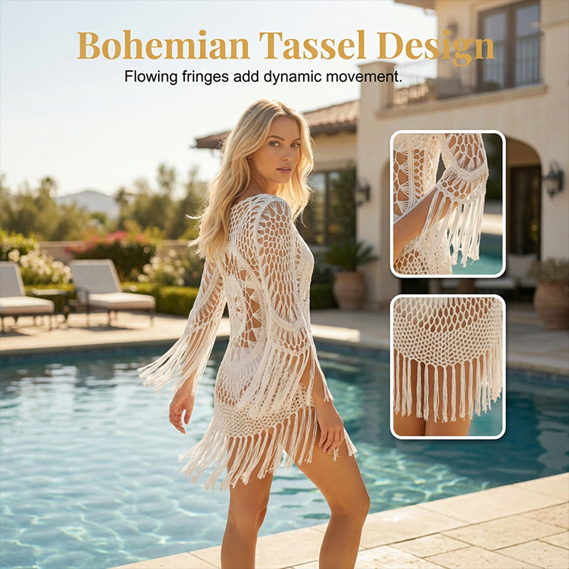 👙 50% RABATT NU! 🌊 Boho Virkad Strandklänning med Tofsar – Luftig, flödande & bohemisk chic – perfekt vid poolen, stranden eller på sommarsemester – justerbar passform 🧶