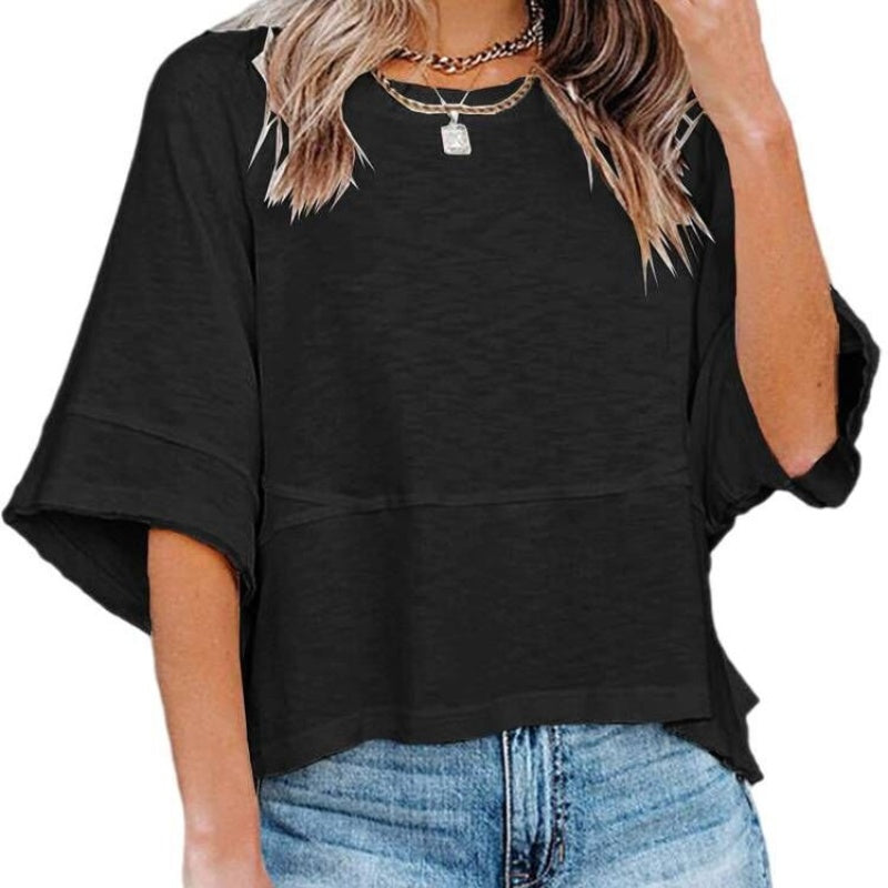 🔥 50 % RABATT · T-shirt för damer i enfärgat tyg med sömmar och vid ärmar i femdelad passform ✨