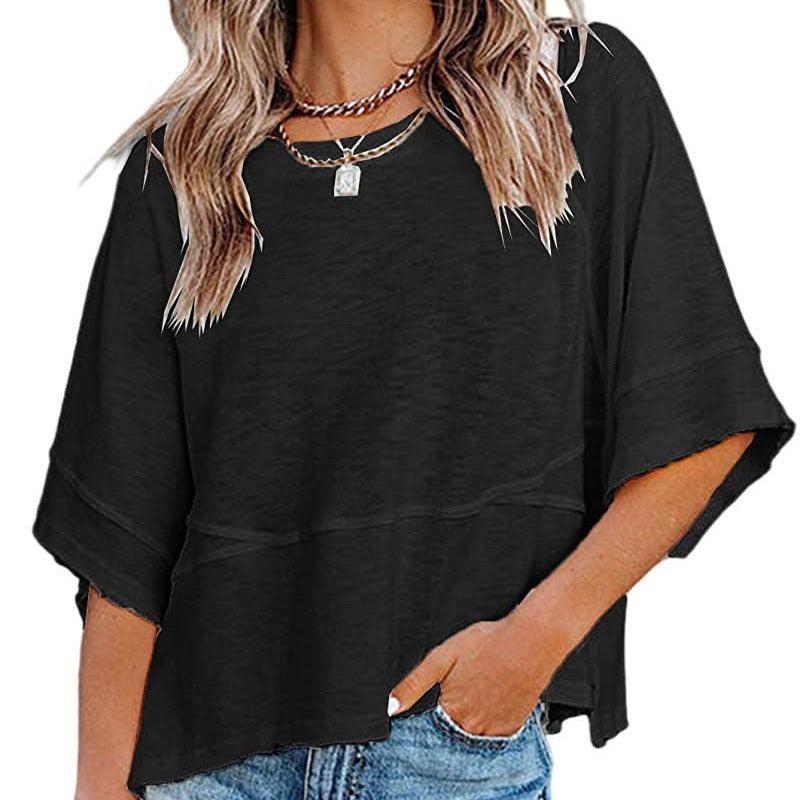🔥 50 % RABATT · T-shirt för damer i enfärgat tyg med sömmar och vid ärmar i femdelad passform ✨