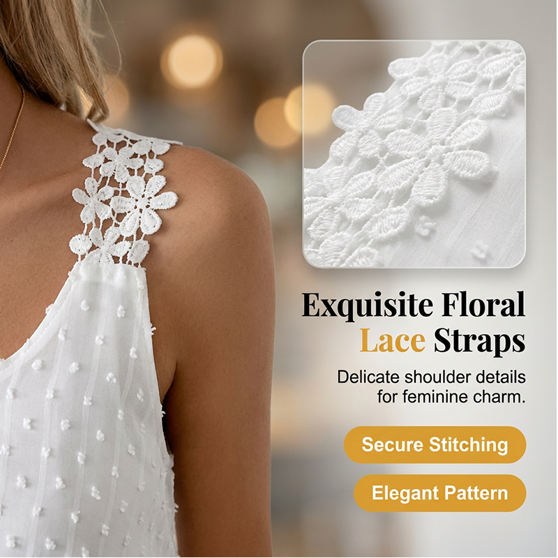 👕✨ 50 % RABATT – ENDAST UNDER EN BEGRÄNSAD TID! Elegant linne med spetsband och prickmönster – avslappnat, feminint och perfekt för sommaren och vardagen ✨