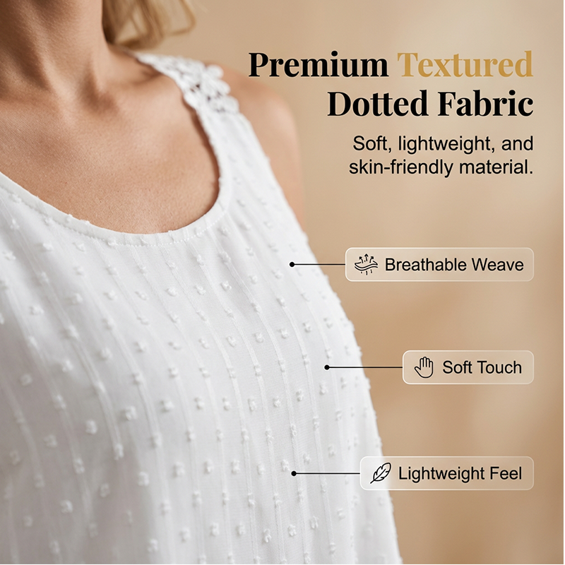 👕✨ 50 % RABATT – ENDAST UNDER EN BEGRÄNSAD TID! Elegant linne med spetsband och prickmönster – avslappnat, feminint och perfekt för sommaren och vardagen ✨