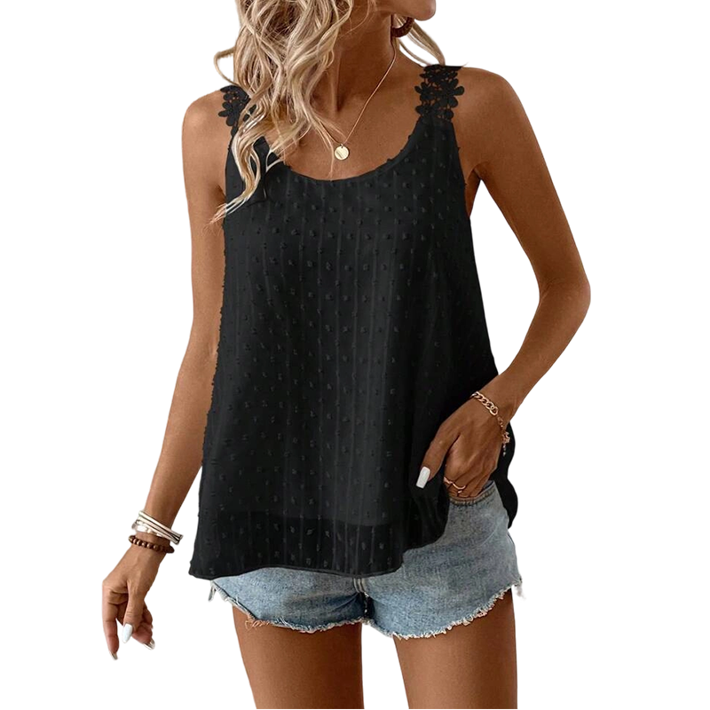 👕✨ 50 % RABATT – ENDAST UNDER EN BEGRÄNSAD TID! Elegant linne med spetsband och prickmönster – avslappnat, feminint och perfekt för sommaren och vardagen ✨
