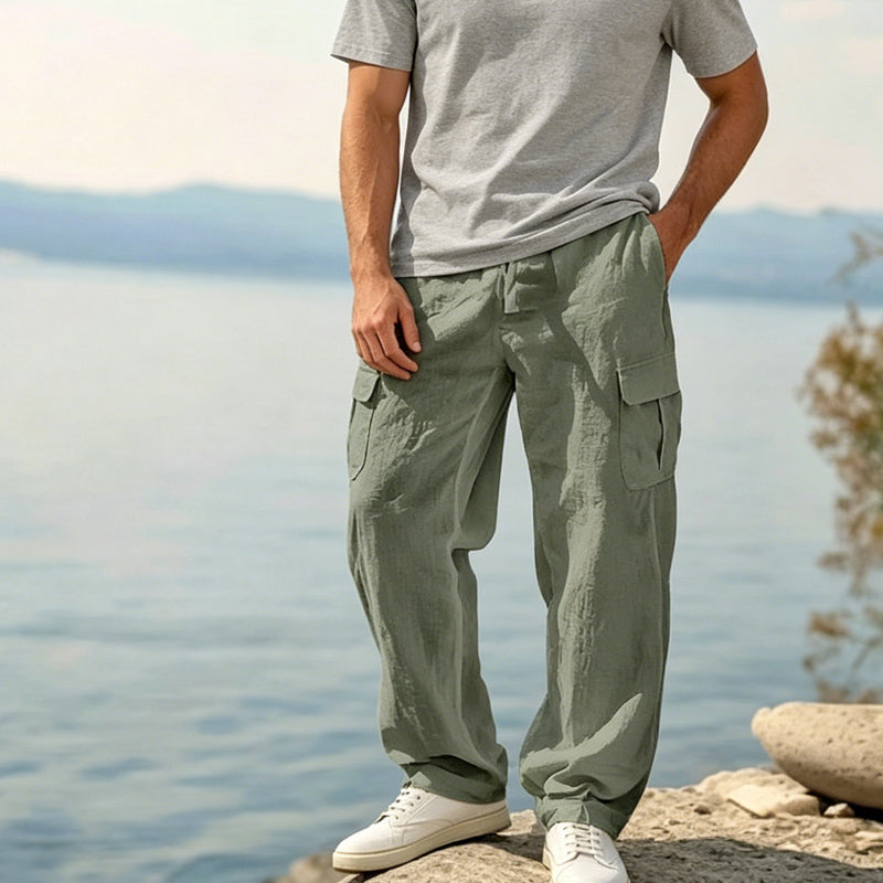 👖 50% RABATT NU! 🌿 Herr Bomull Linne Cargobyxor – Andningsbara, Avslappnad Vida Passform & Multi-Fickor – Dragsko Midja för Enkel Justering ☀️