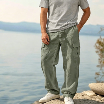 👖 50% RABATT NU! 🌿 Herr Bomull Linne Cargobyxor – Andningsbara, Avslappnad Vida Passform & Multi-Fickor – Dragsko Midja för Enkel Justering ☀️
