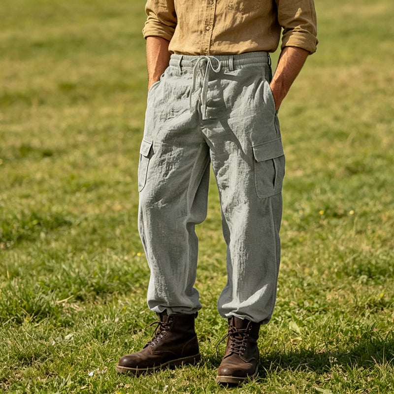 👖 50% RABATT NU! 🌿 Herr Bomull Linne Cargobyxor – Andningsbara, Avslappnad Vida Passform & Multi-Fickor – Dragsko Midja för Enkel Justering ☀️