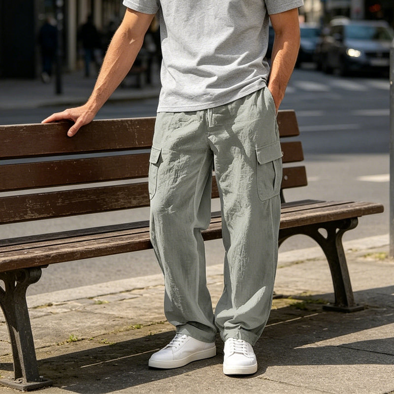 👖 50% RABATT NU! 🌿 Herr Bomull Linne Cargobyxor – Andningsbara, Avslappnad Vida Passform & Multi-Fickor – Dragsko Midja för Enkel Justering ☀️