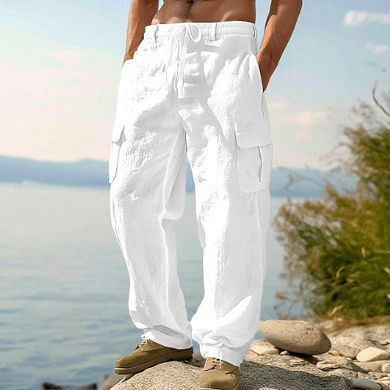 👖 50% RABATT NU! 🌿 Herr Bomull Linne Cargobyxor – Andningsbara, Avslappnad Vida Passform & Multi-Fickor – Dragsko Midja för Enkel Justering ☀️