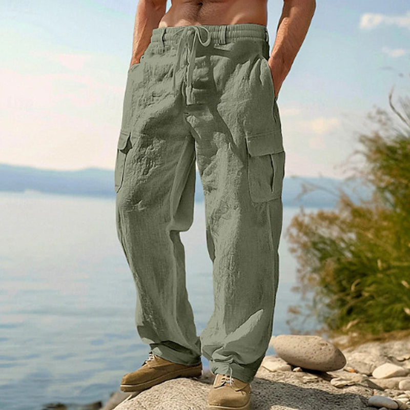 👖 50% RABATT NU! 🌿 Herr Bomull Linne Cargobyxor – Andningsbara, Avslappnad Vida Passform & Multi-Fickor – Dragsko Midja för Enkel Justering ☀️