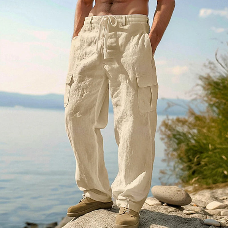 👖 50% RABATT NU! 🌿 Herr Bomull Linne Cargobyxor – Andningsbara, Avslappnad Vida Passform & Multi-Fickor – Dragsko Midja för Enkel Justering ☀️