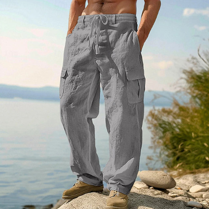 👖 50% RABATT NU! 🌿 Herr Bomull Linne Cargobyxor – Andningsbara, Avslappnad Vida Passform & Multi-Fickor – Dragsko Midja för Enkel Justering ☀️