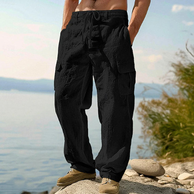 👖 50% RABATT NU! 🌿 Herr Bomull Linne Cargobyxor – Andningsbara, Avslappnad Vida Passform & Multi-Fickor – Dragsko Midja för Enkel Justering ☀️