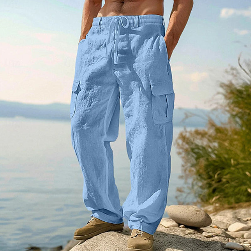 👖 50% RABATT NU! 🌿 Herr Bomull Linne Cargobyxor – Andningsbara, Avslappnad Vida Passform & Multi-Fickor – Dragsko Midja för Enkel Justering ☀️