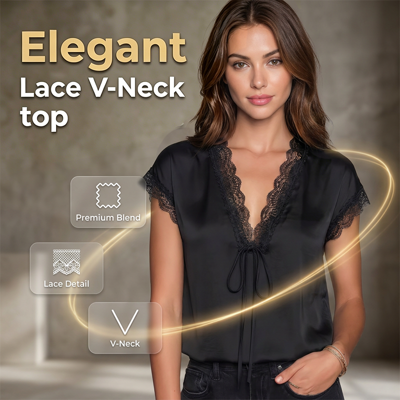 👚 50% RABATT NU! 🌙 Women's V-ringad Spetstopp – Kortärmad, Elegant & Dag till Kväll – Intrikat Spetssöm, Avslappnad Drapé, Feminin Charm 🌸