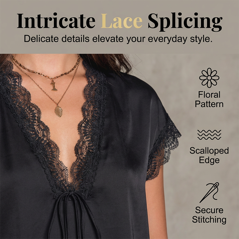 👚 50% RABATT NU! 🌙 Women's V-ringad Spetstopp – Kortärmad, Elegant & Dag till Kväll – Intrikat Spetssöm, Avslappnad Drapé, Feminin Charm 🌸