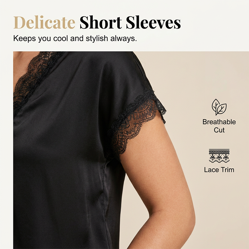 👚 50% RABATT NU! 🌙 Women's V-ringad Spetstopp – Kortärmad, Elegant & Dag till Kväll – Intrikat Spetssöm, Avslappnad Drapé, Feminin Charm 🌸
