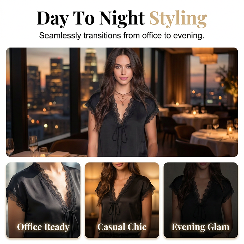 👚 50% RABATT NU! 🌙 Women's V-ringad Spetstopp – Kortärmad, Elegant & Dag till Kväll – Intrikat Spetssöm, Avslappnad Drapé, Feminin Charm 🌸
