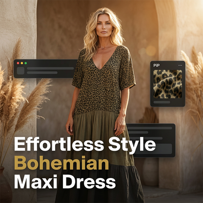 🎨 Dam boho-klänning – unikt mönster, mjuka volanger & handgjord känsla, perfekt för dig som älskar individuell stil & naturmaterial 🧡
