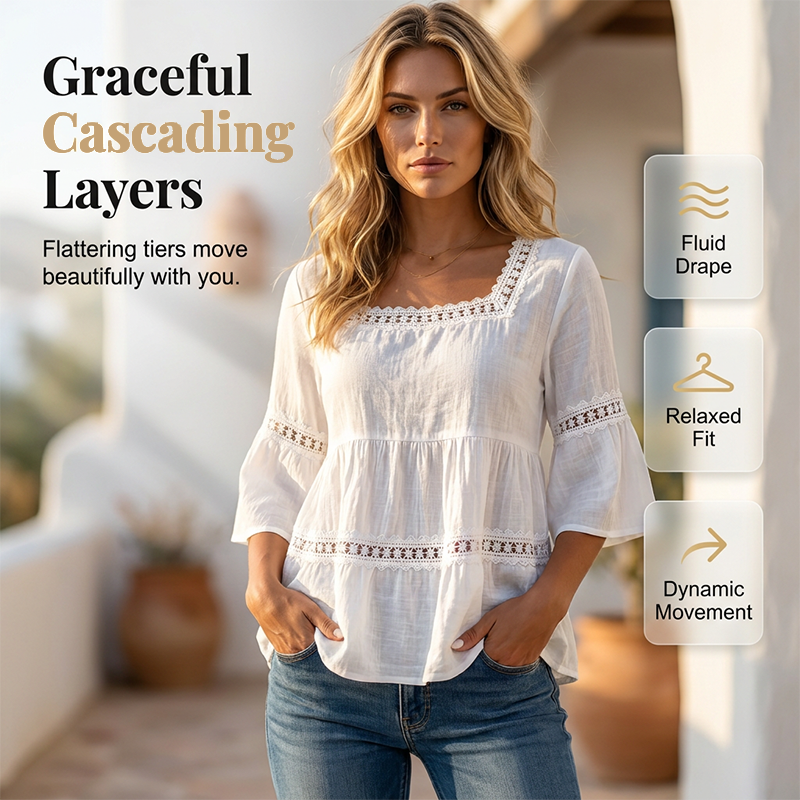 🌸 BEGRÄNSAD TID: 50 % RABATT! 🌸 Elegant sommarblus med fyrkantig halsringning – boho-spets, klockformade ärmar, flödande lager ✨