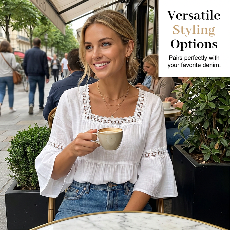 🌸 BEGRÄNSAD TID: 50 % RABATT! 🌸 Elegant sommarblus med fyrkantig halsringning – boho-spets, klockformade ärmar, flödande lager ✨