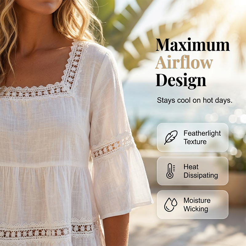 🌸 BEGRÄNSAD TID: 50 % RABATT! 🌸 Elegant sommarblus med fyrkantig halsringning – boho-spets, klockformade ärmar, flödande lager ✨
