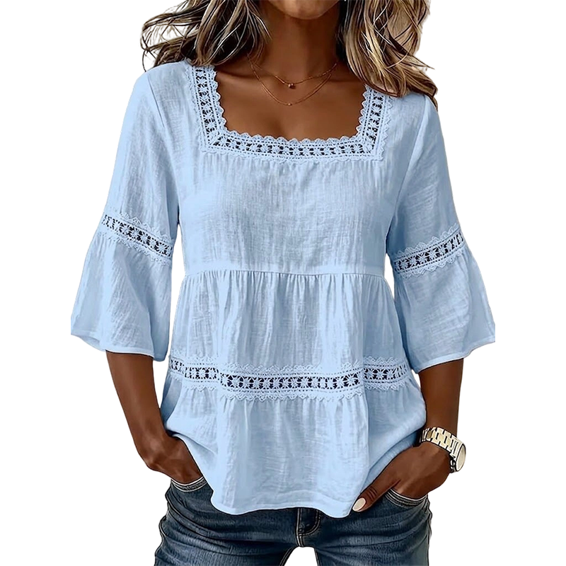 🌸 BEGRÄNSAD TID: 50 % RABATT! 🌸 Elegant sommarblus med fyrkantig halsringning – boho-spets, klockformade ärmar, flödande lager ✨