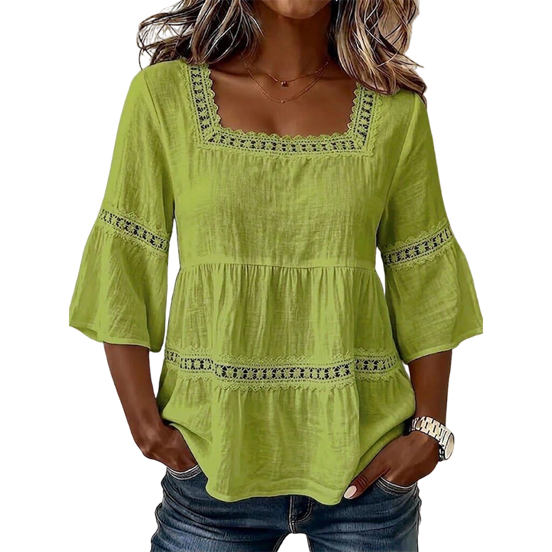 🌸 BEGRÄNSAD TID: 50 % RABATT! 🌸 Elegant sommarblus med fyrkantig halsringning – boho-spets, klockformade ärmar, flödande lager ✨