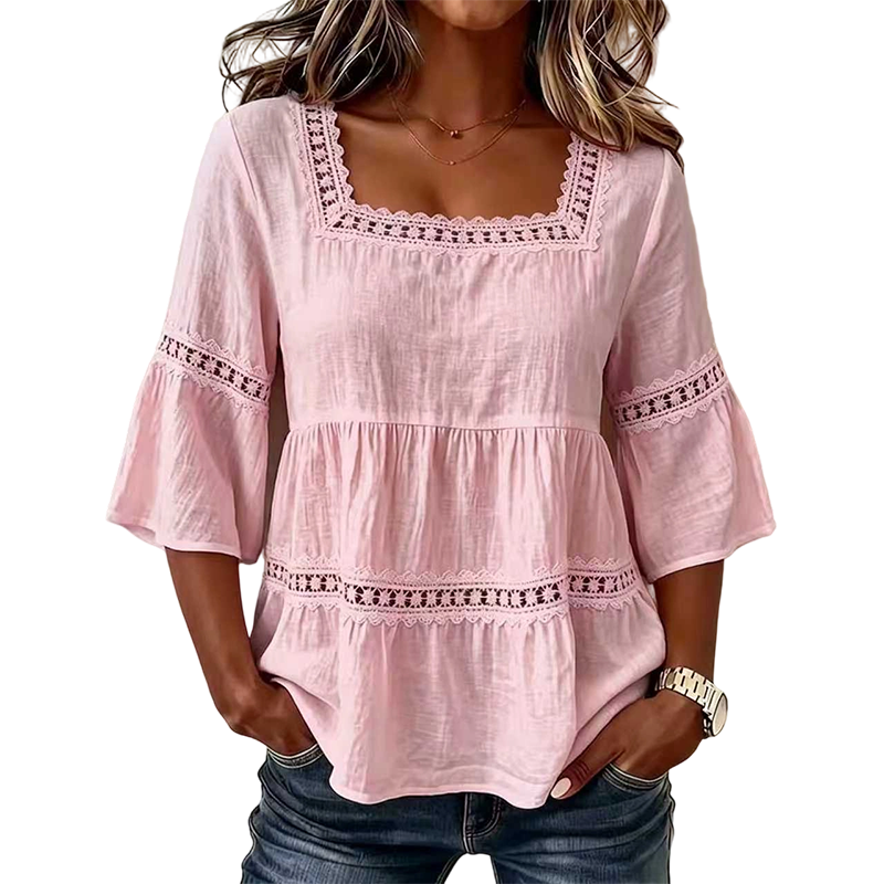 🌸 BEGRÄNSAD TID: 50 % RABATT! 🌸 Elegant sommarblus med fyrkantig halsringning – boho-spets, klockformade ärmar, flödande lager ✨