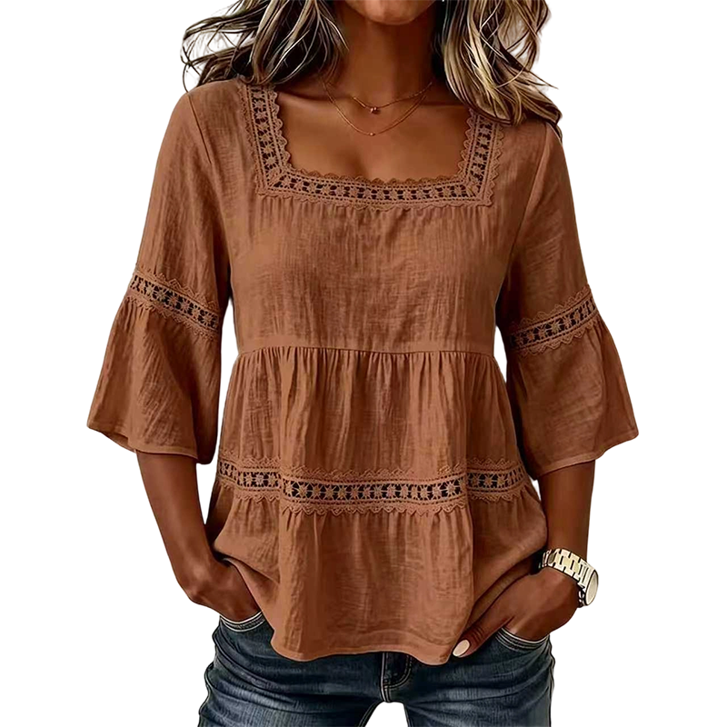 🌸 BEGRÄNSAD TID: 50 % RABATT! 🌸 Elegant sommarblus med fyrkantig halsringning – boho-spets, klockformade ärmar, flödande lager ✨