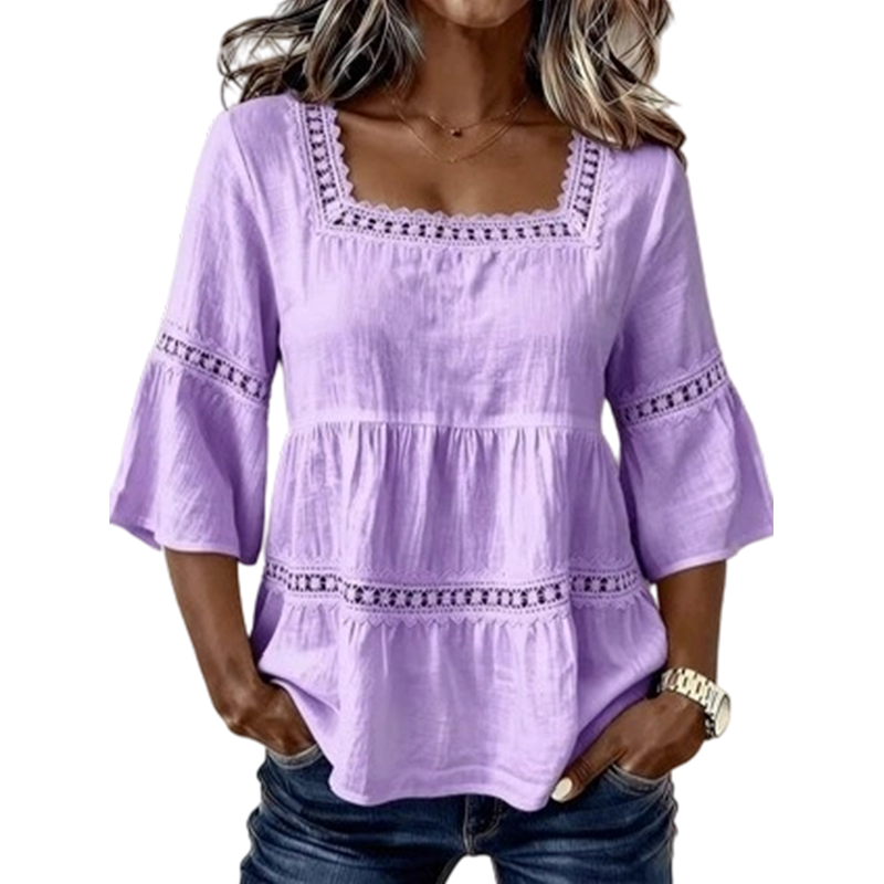 🌸 BEGRÄNSAD TID: 50 % RABATT! 🌸 Elegant sommarblus med fyrkantig halsringning – boho-spets, klockformade ärmar, flödande lager ✨