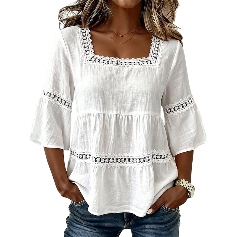 🌸 BEGRÄNSAD TID: 50 % RABATT! 🌸 Elegant sommarblus med fyrkantig halsringning – boho-spets, klockformade ärmar, flödande lager ✨