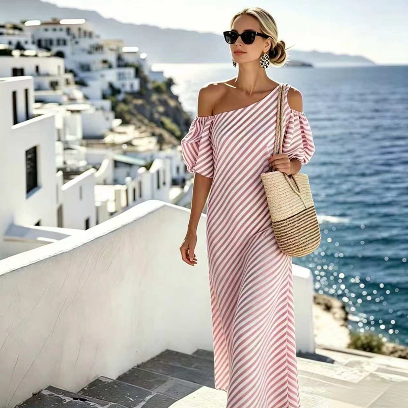 🌸 50 % RABATT NU! 🌸 Elegant Randig Klänning med Bara Axel för Dam