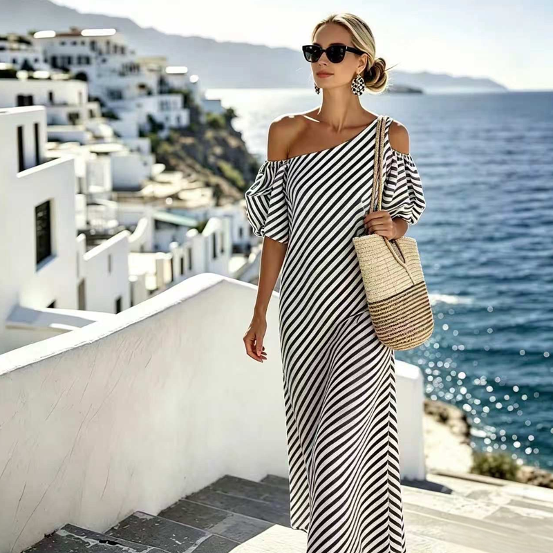 🌸 50 % RABATT NU! 🌸 Elegant Randig Klänning med Bara Axel för Dam