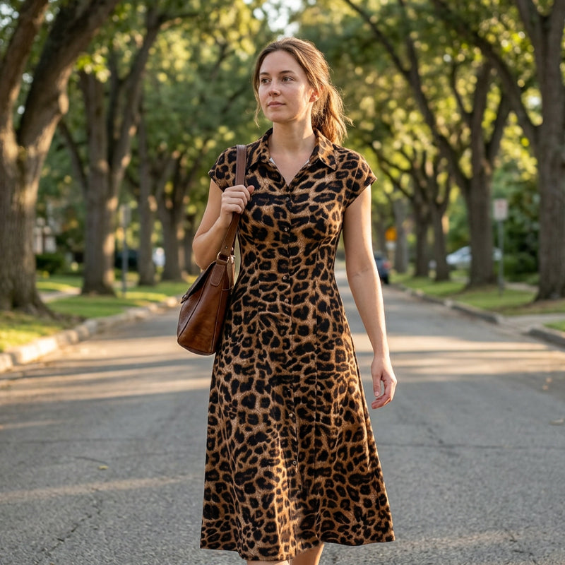 👗 50% RABATT NU! 🐆 Damernas Eleganta Leopardmönstrad Klänning med Slag – Chic, Smickrande & Djärv Stil 🥂
